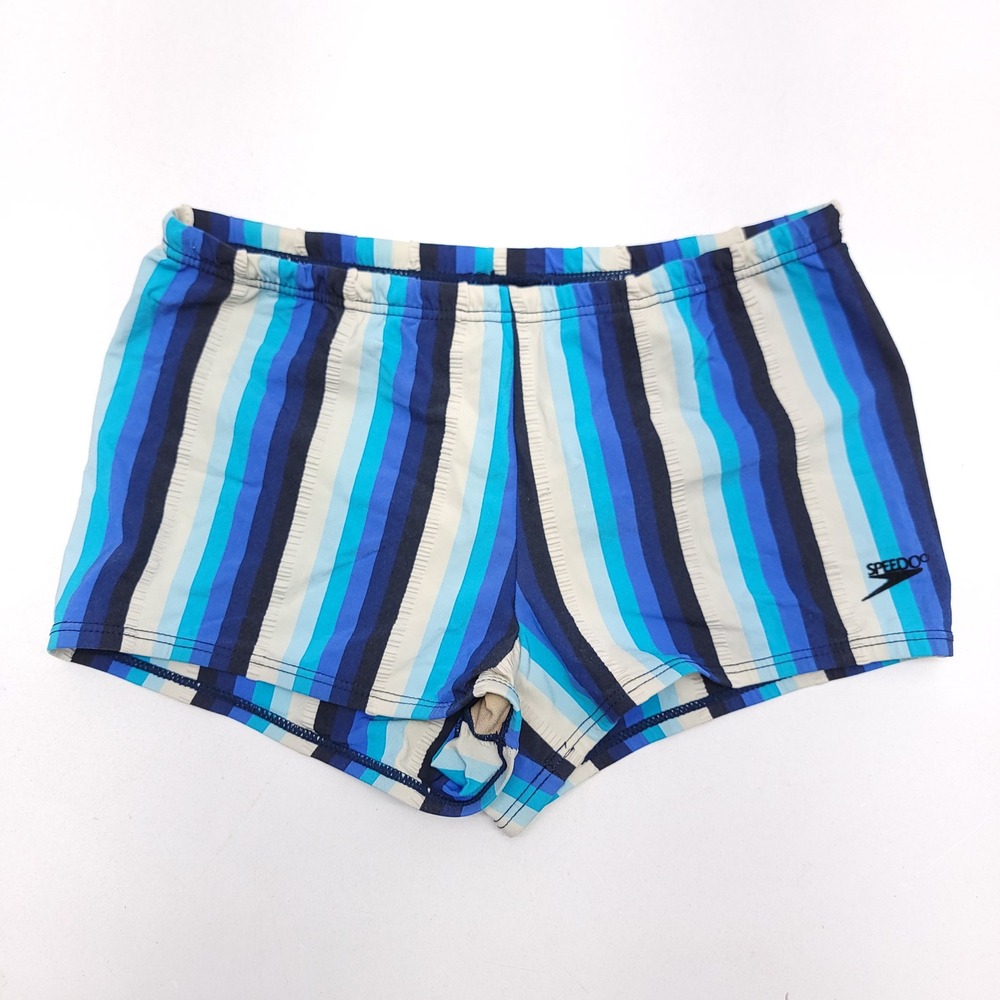 Speedo Mens Blue Striped Swim Trunks Square Leg Made in USA Size S Retro Beach